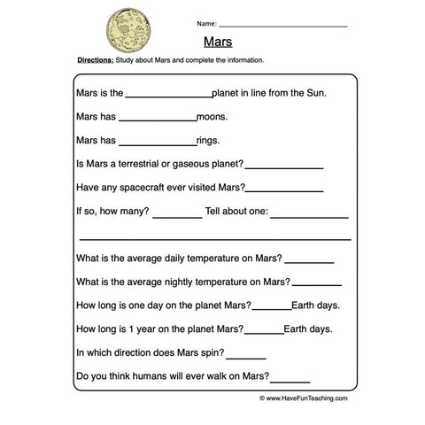 Planet Worksheet 4