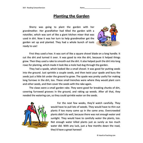 Planting Gardens Reading Comprehension Worksheet