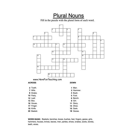 Plural Nouns Crossword Puzzle Worksheet