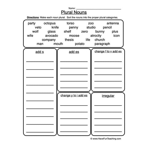 Plural Nouns Worksheet