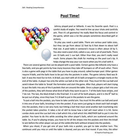 Pool Time Reading Comprehension Worksheet