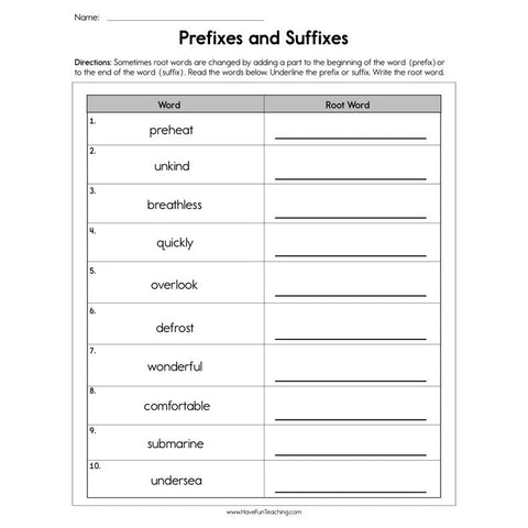 Prefixes and Suffixes Root Words Worksheet