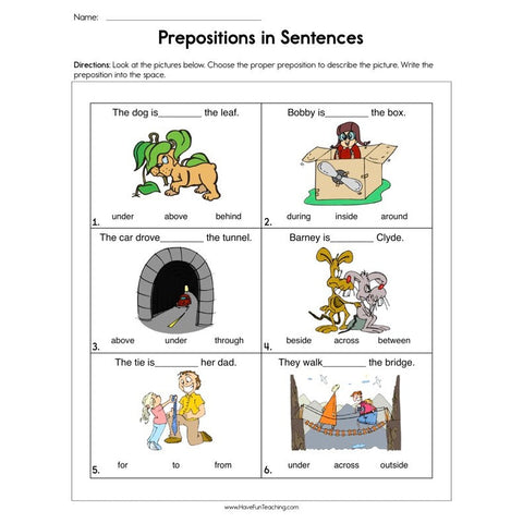 Prepositions in Sentences Worksheet
