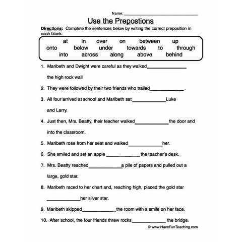 Prepositions Worksheet 6