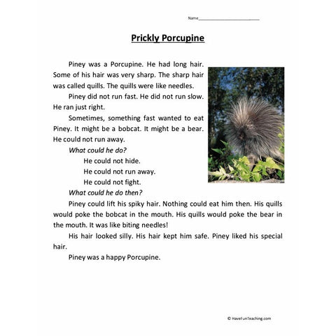 Prickly Porcupine Reading Comprehension Worksheet