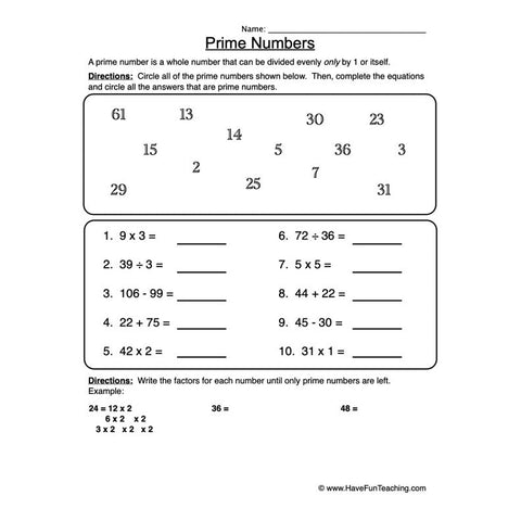 Prime Numbers Worksheet