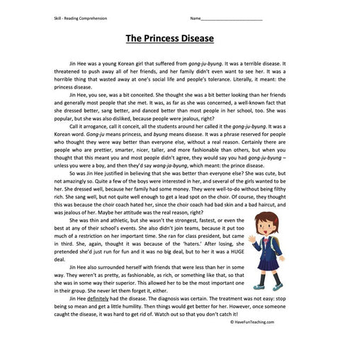 Princess Disease Reading Comprehension Worksheet