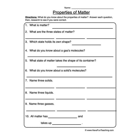 Properties of Matter Worksheet
