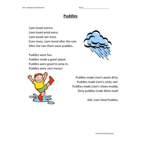 Puddles Reading Comprehension Worksheet