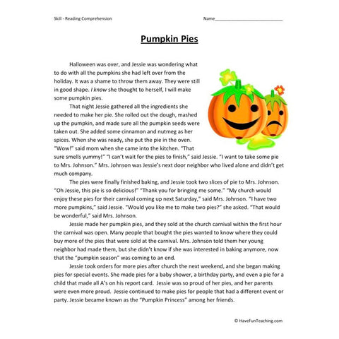 Pumpkin Pies Reading Comprehension Worksheet