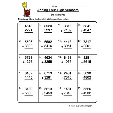 Quad Digit Addition Worksheet