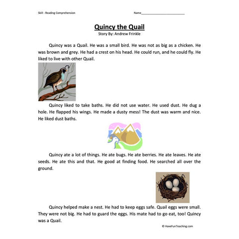 Quincy the Quail Reading Comprehension Worksheet