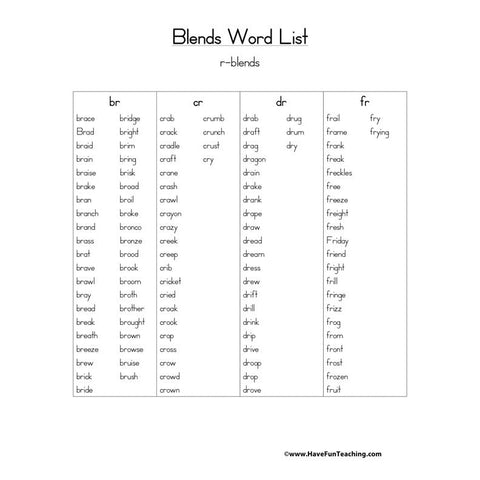R Blends Word List Worksheet