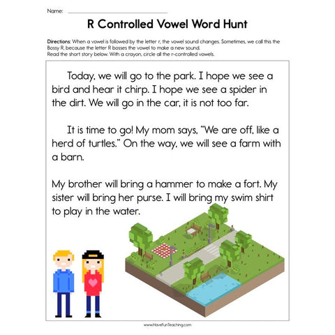 R Controlled Vowel Word Hunt Worksheet