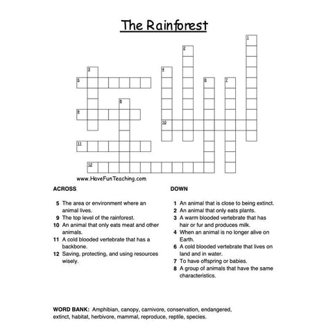 Rain Forest Crossword Puzzle Worksheet