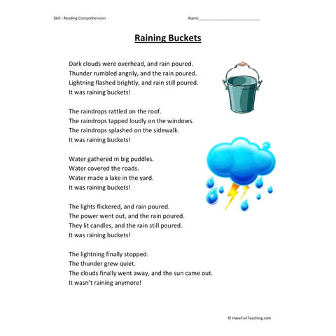 Raining Buckets Reading Comprehension Worksheet