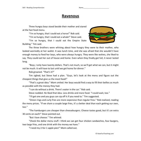 Ravenous Reading Comprehension Worksheet