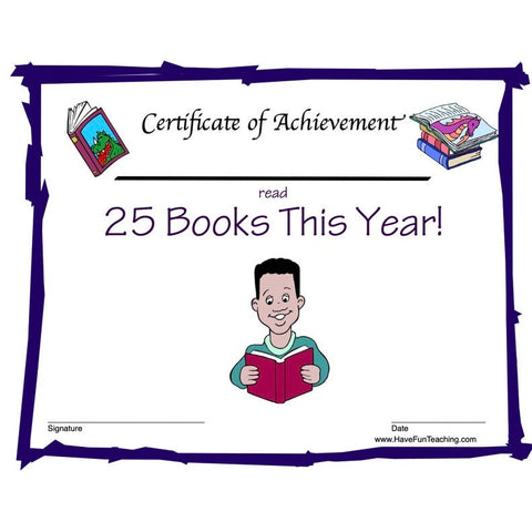 I Read 25 Books Boy Certificate