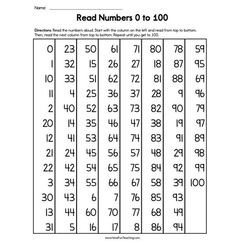 Read Numbers 0-100 Worksheet