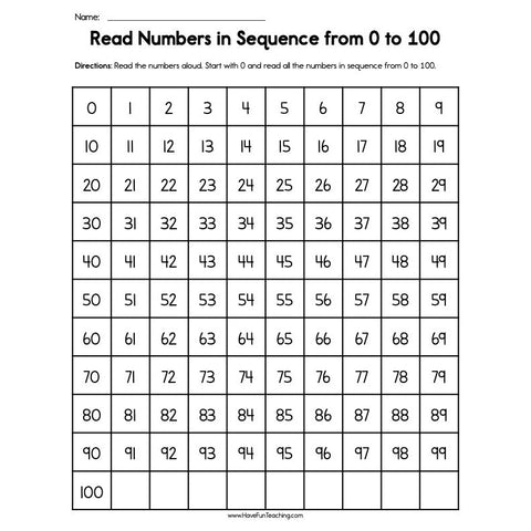 Read Numbers in Sequence from 0-100 Worksheet