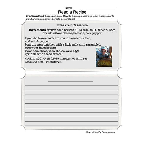 Read a Recipe Worksheet