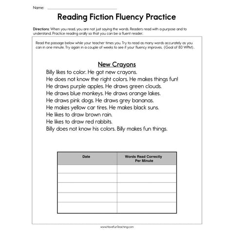 Reading Fiction Fluency Practice Worksheet