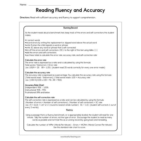 Reading Fluency and Accuracy Worksheet