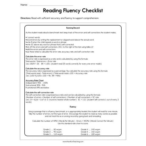 Reading Fluency Checklist Worksheet