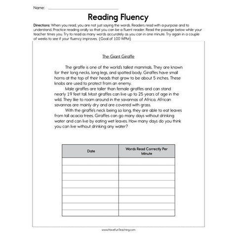 Reading Fluency Worksheet