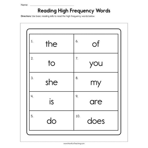 Reading High Frequency Words Worksheet