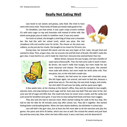 Really Not Eating Well Reading Comprehension Worksheet