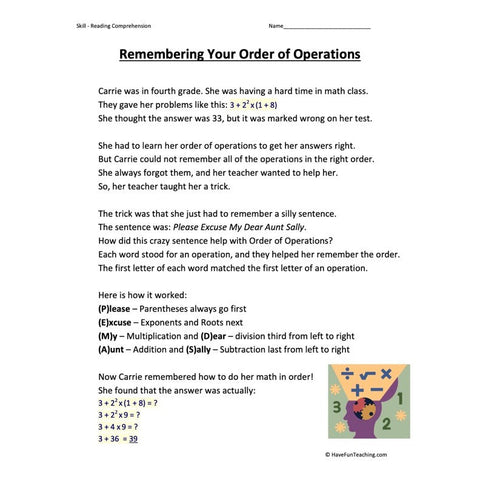Remembering Your Order of Operations Worksheet