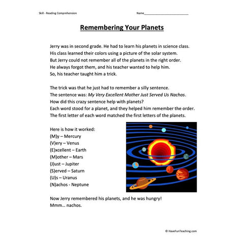 Remembering Your Planets Reading Comprehension Worksheet