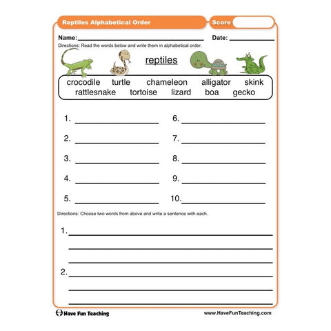 Reptiles ABC Order Worksheet