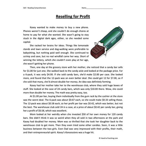Reselling for Profit Reading Comprehension Worksheet