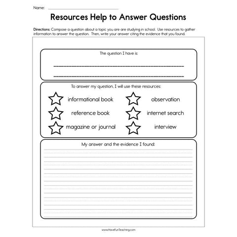 Resources Help to Answer Questions Worksheet