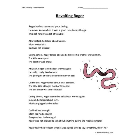 Revolting Roger Reading Comprehension Worksheet