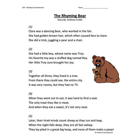 Rhyming Bear Reading Comprehension Worksheet