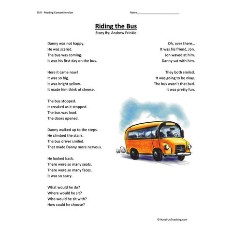 Riding the Bus Reading Comprehension Worksheet
