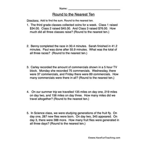 Round Nearest Ten Worksheet