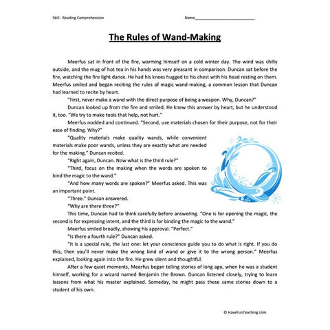 Rules of Wandmaking Reading Comprehension Worksheet