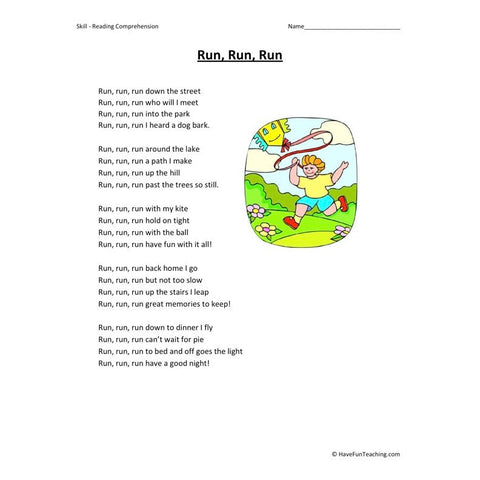Run Run Run Reading Comprehension Worksheet