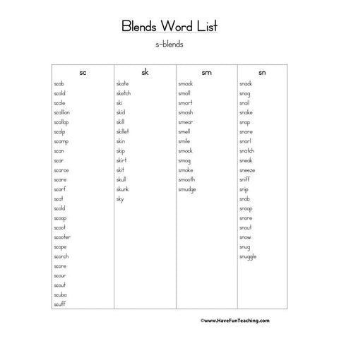 S Blends Word List Worksheet