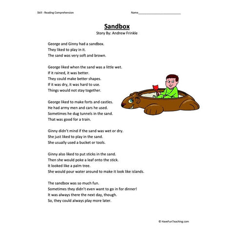 Sandbox Reading Comprehension Worksheet