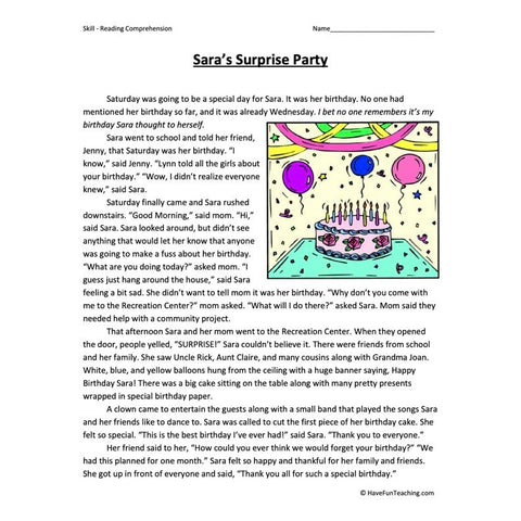 Saras Surprise Party Reading Comprehension Worksheet