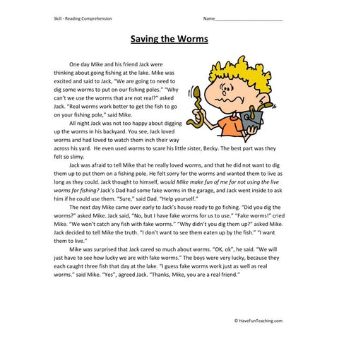 Saving the Worms Reading Comprehension Worksheet