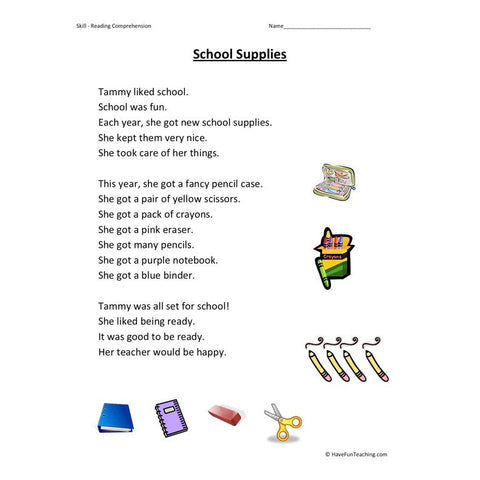 School Supplies Reading Comprehension Worksheet