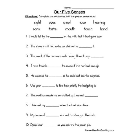 Senses 7 Worksheet