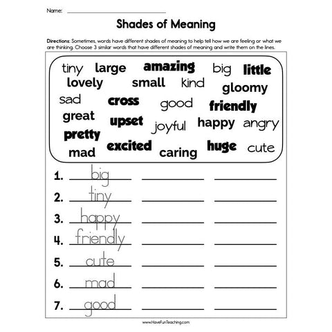 Shades of Meaning Worksheet