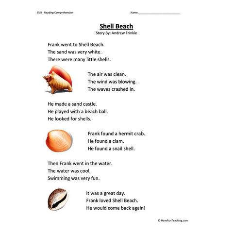 Shell Beach Reading Comprehension Worksheet